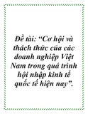 Đề tài: “Cơ hội và thách thức của các doanh nghiệp Việt Nam trong quá trình hội nhập kinh tế quốc tế hiện nay”.