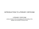 Lecture Literary criticism - Lecture 1: Introduction to literary criticism